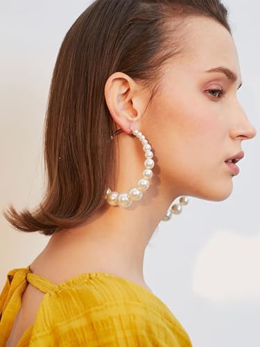 Pearl Hoop Earrings Large Hoops Circle White Pearls Earrings Gold Elegant Lightweight Drop Dangle Earrings Open Big Circle Round Pearl EarringJewelry Wedding Birthday Gift for Women3