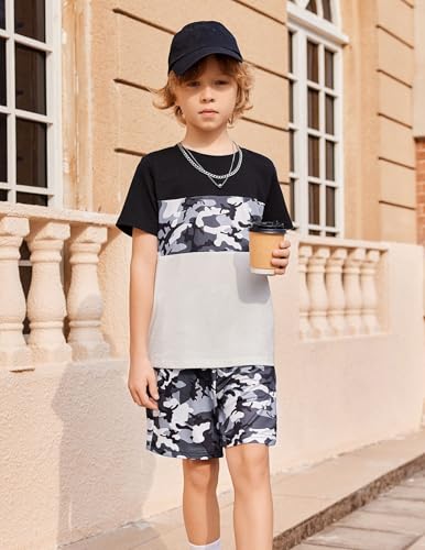 Image of Arshiner Boys' 2-Piece Cotton Outfit Color Block T-Shirt and Shorts Set Summer Camo Clothes for Kids 5-14 Years