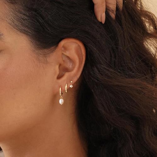 Image of Gold Earrings for Women, 14k Gold Plated Dangle Huggie Earrings for Women Trendy Dainty Gold Hoop Earring Stacks Hypoallergenic Pearl Chain Drop Cartilage Earring Fashion Womens Jewelry
