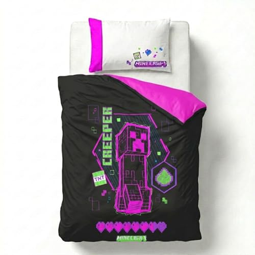 Jay Franco Childrens Minecraft Single Duvet Cover Set 100% Cotton Super Soft Bedding with Pillowcase Official Licensed Product Black 2 Piece Set