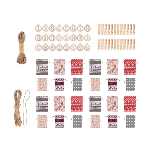 クリスマスアドベントカレンダーバッグ24個、24日間アドベントカレンダーバッグ、再利用可能なDIYキャンディバッグ、クリップ付き巾着ギフトバッグ