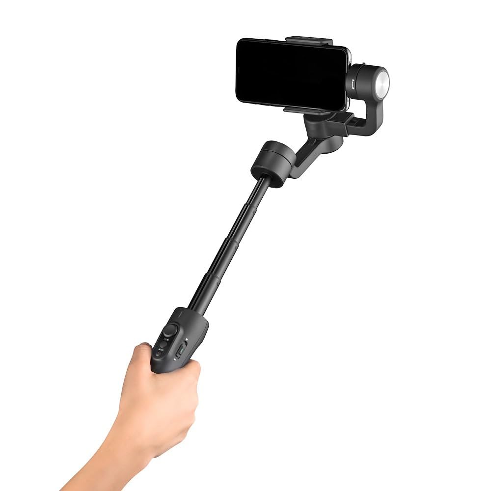 JOBY Smart Stabilizer with a smartphone mounted, showing the extended telescopic handle.