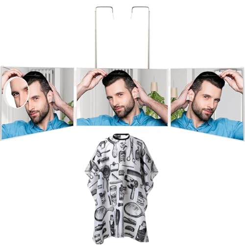 Feisate 三面鏡 セルフカット 散髪鏡 壁掛け 折りたたみ式 高さ調整可能 ヘアカット メイク鏡 理容ケープ＋小さな鏡付属 髪型 後ろが見える コンパクト 収納 旅行用 (ホワイト)