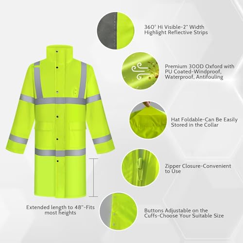 TCCFCCT Rain Gear Waterproof Hi Vis Jacket With Hood for Men, Heavy Duty Rain Suits, Long Safety Rain Coats for Women, Hiking Camping Outdoor Activities, XXL Yellow4