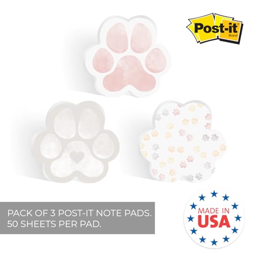 Image of Paw Shaped Sticky Note Pad Assortment /Set of 3 / Watercolor Style / 3.75 inch x 3.5 inch Modern Sticky Notes / 50 Sheets Per Pad /Made in The USA