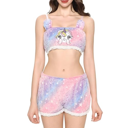 Ensemble pyjama femmes shorts et crop top Landofgenie en maille pelucheuse douce et chaude