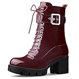 Allegra K Women's Zip Platform Chunky Heel Combat Burgundy Boots 7 M US