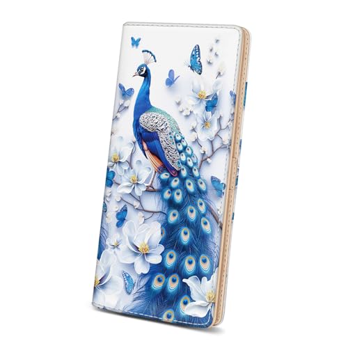 Image of Immaturus Womens Wallet, Slim Thin RFID Blocking Card Wallets, Peacock Bifold PU Leather Credit Card Holder Organizer, Cute Cash Clutch Long Billfold with Zipper Coin Pocket Ladies Girls Gift