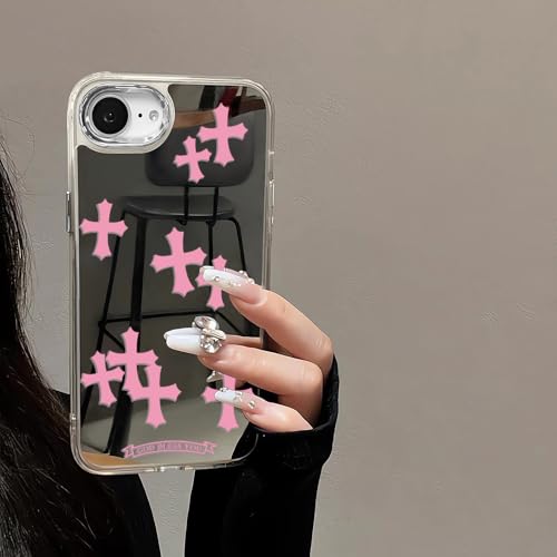xoniery Compatible with iPhone 17e/16e Cute Glossy Mirror Back Case,Cross Pattern,Senior Shockproof Protection for iPhone 16e Case for Women Girls-Pink