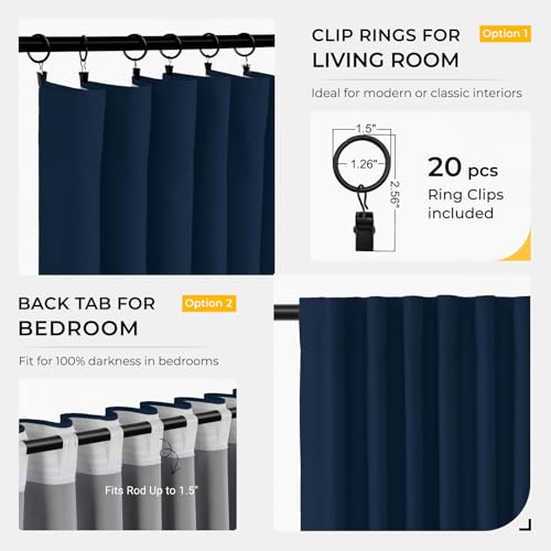 Image of INOVADAY 100% Blackout Curtains for Bedroom, Midnight Blue Black Out Curtains 96 Inch Long, Clip Rings Linen Blackout Drapes, Thermal Insulated Room Darkening for Living Room, 2 Panels - W50xL96