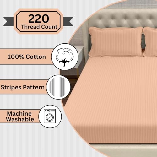 Image of Divine Casa 100% Cotton 210 TC King Size Bedsheet Italian Stripe | Soft Breathable Bed Sheet with 2 Pillow Covers | Luxury Stripe Bedding Set for King Size Bed | 275 x 275 cm (Peach, Striped)