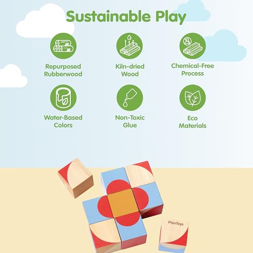Image of PlanToys Wooden Geo Pattern Cubes | Montessori Puzzle Toy for Problem Solving, Logical Thinking and Visual Skills | STEM Learning Blocks with Numbers and Patterns | Eco Friendly Educational Toy
