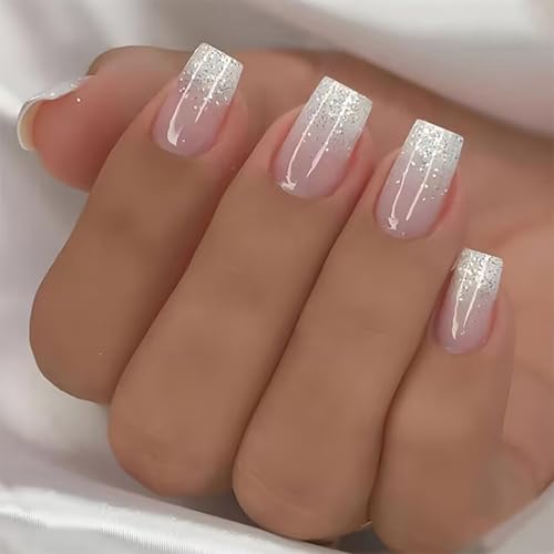 24 uñas acrílicas degradadas, uñas postizas cuadradas cortas, punta francesa, uñas postizas brillantes de cobertura completa