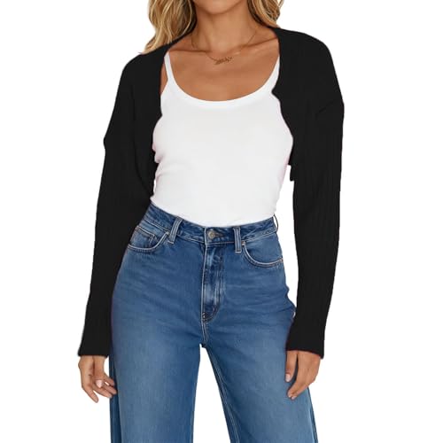 Image of Women Long Sleeve Open Front Ribbed Knit Crop Cardigan Solid Loose Drop Shoulder Shrug Bolero Crop Sweater Top