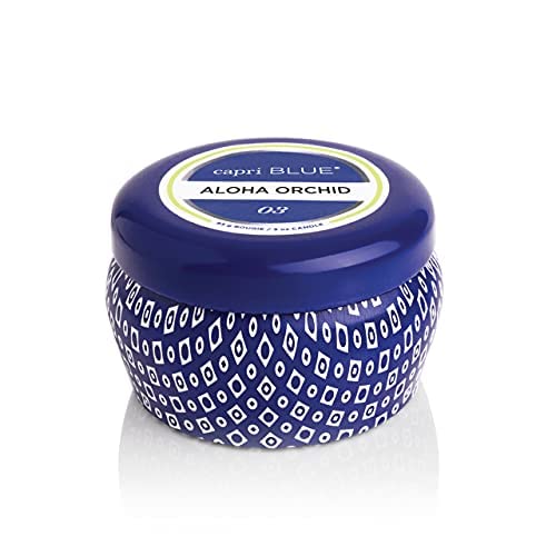 Bougie Capri Bleu Aloha Orchidée mini boîte métal bleue voyage