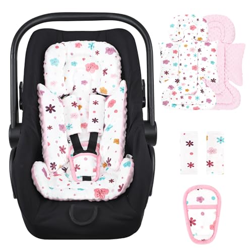 Pea Pod Infant Car Seat Insert with 3 Strap Covers, Reversible Baby Car Seat Head and Body Support, Minky Dot Newborn Carseat Insert for Preemie (Pink Floral)