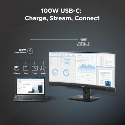 Image of ViewSonic VG3456CA 34 Inch 1440p Ultrawide Docking Monitor, Curved IPS Display for Smooth Home and Office Productivity, Full Ergonomic Adjustability, 100W USB-C, RJ45, and HDMI Inputs