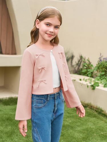 Haloumoning Girls Cropped Cardigan Sweater Kids Cute Bow Long Sleeve Knitted Sweaters Tops 5-14 Years3