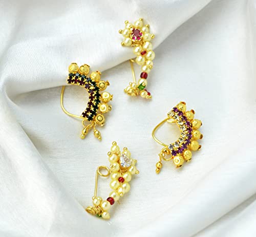 Image of Medium Size Traditional Maharashtrian Banu Nath Nose Stud without piercing Pearl Gold Plated Nath Combo Clip On Nose Ring For Women