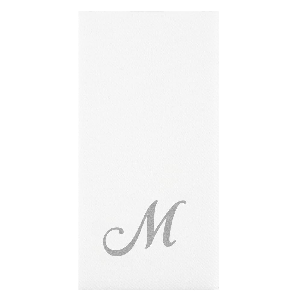 Luxenap - Servilleta rectangular de papel blanco con letra M plateada, puesta al aire, fuente cursiva, 15 3/4 x 8 pulgadas, caja de 50 unidades