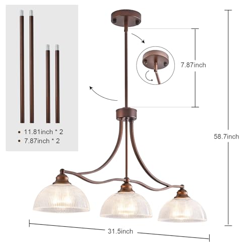Image of 3-Light Oil Rubbed Bronze Pendant Light for Kitchen Island Antique Dome Hanging Light Fixture Brushed Bronze Dinner Room Light with Crystal Glass Adjustable Pendant Lamp for Bedroom Hallway Entryway