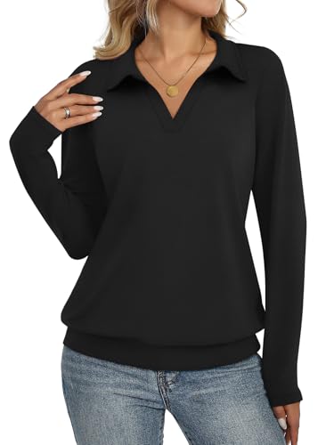 Womens Polo Shirts Long Sleeve Banded Bottom Tops Business Casual Tops Collared V Neck Blouses