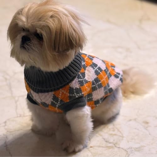 Image of Lulala Dog Sweater for Winter - Soft Grey Orange and Grey Argyle Pattern, Warm Knit Sweater for Small to Medium Breeds, Cozy Dog Clothes