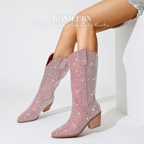 Ronilurn Women Cowboy Boots Cowgirl Rhinestone Mid Calf Western Boots Sparkly Glitter Boots Bling Pointed Toe Chunky Heel Pull On thumb #6