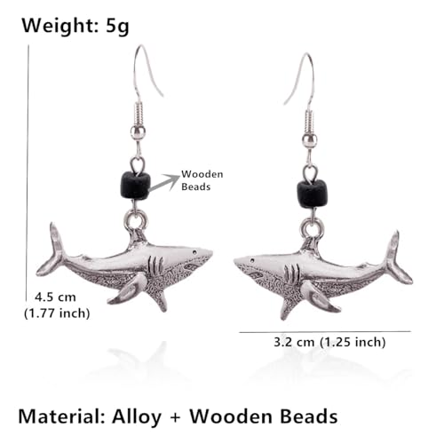 Silver Shark Earrings With Black Wooden Bead for Women Men (Silver Shark)2