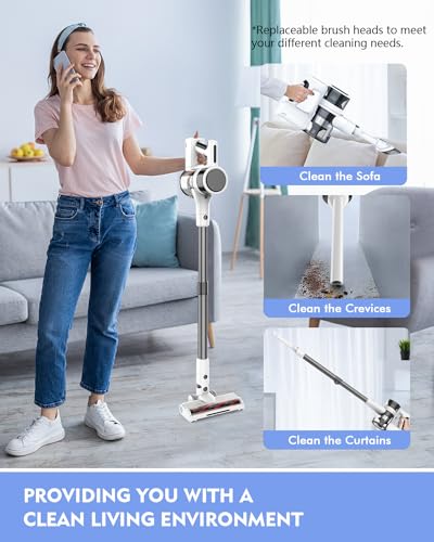 Vacuum Cleaners for Home, 80,000PRM Powerful Motor Cordless Vacuum with Removable 2200mAH Battery up to 35 Mins Worktime, 2 Adjustable Modes and Detachable Parts Stick Vacuum (White Zinc Gray)