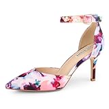 JOY IN LOVE Closed Toe Heels Pumps for Women 3IN Stiletto Pointed Toe Ankle Strap Heels Floral Fabric US7.5