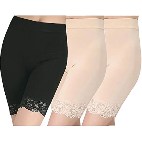 Women's Control Brief Underskirt Long Panties Underwear with Elastic Lace Knickers, Schwarz + Haut + Haut, One size fits all Cover