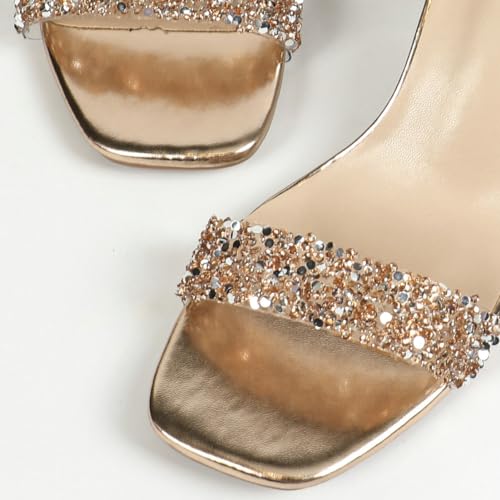 Parisuit Women's Sparkly Rhinestone Sandals Clear Chunky Mid Heel Square Open toe Sandals Ankle Strap Wedding Bridal Shoes2