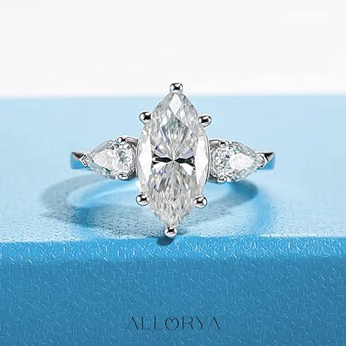 925 Sterling Silver 3 Stone Engagement Ring for Women with 3.50 ctw, Marquise (3.00 CT) & Pear (0.50 CT) Lab Grown White Diamond or Cubic Zirconia3