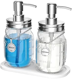 HvOvMvE Mason Jar Soap and Lotion Dispenser Set with 2 in 1 Non-Slip Coaster, Rustproof Stainless Steel Lids and Pumps , Soap Labels, Farmhouse Decor for Bathroom or Kitchen (Silver)