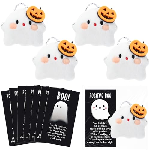 Hotop 36 Sets Halloween Boo Plush Keychains Set with Cards and Bags, Boo Plush with Positive Cards Motivational Gifts for Employee Coworkers Friends Family Trick or Treat Party Favors