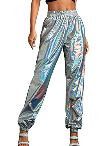 Sweatyrocks Women's Metallic High Elastic Waist Tapered Long Pants Hip Hop Club Trousers Sweatpant Silver L #TOP28