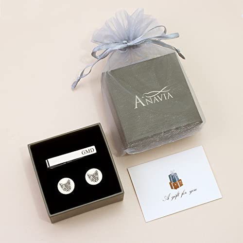 Anavia Pet Portrait & Handwriting Cufflinks Tie Clip Gift Box Set, Personalized Sketch Style Photo Engraving Men's Jewelry Accessories For Father Dad Brother Boyfriend Husband Wedding Birthday Gift (Cufflinks & Tie Clip Set, Silver Plated) #TOP6