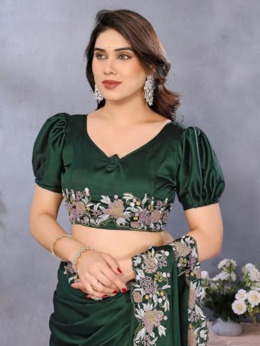 Image of Pandadi Saree Women's Satin Embroidery Work Saree With Unstitched Blouse Piece