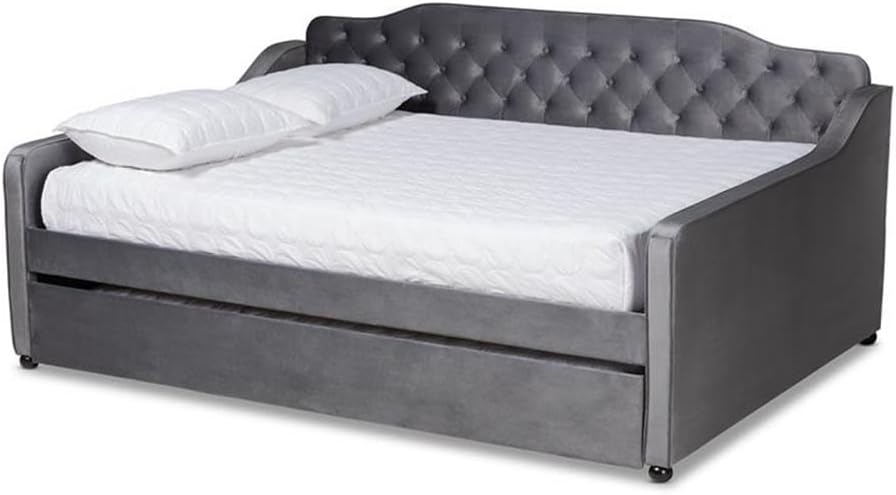 BOWERY HILL Transitional Velvet Queen Daybed with Trundle, Gray Finish, Button Tufted Design, Foam Padded Wood Frame, Curved Headboard and Armrests, Black Ball Feet, 88.39" W x 63.78" D x 39.37" H