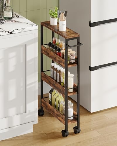 CHOEZON 4-Tier Slim Storage Cart, 5.1'' Kitchen Serving Trolley, Slim Rolling Cart with Handle and Guard Rails, Slim Cabinet for Small Spaces, for Dining Room, Rustic Brown and Black TTC01BF