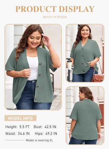 Image of Eytino Womens Plus Size Tops Casual V Neck Short Sleeve Waffle Knit Button Down Shirts(1X-5X)