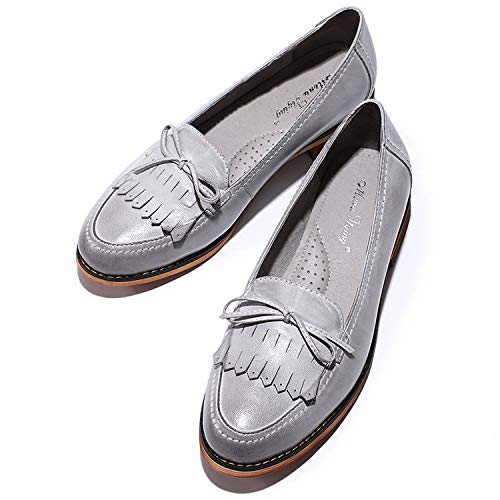 Image of Mona flying Women's Leather Tassel Loafers Slip on Flat Office Work Shoes