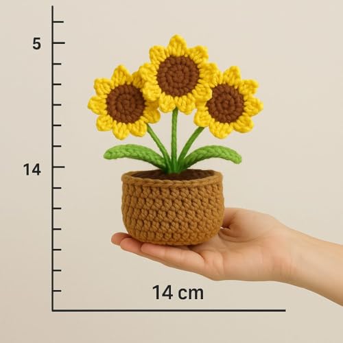 Image of VRB Dec 1 Pcs Crochet Flowers Artificial Sunflower for Office Desk Car Dashboard Decor,Home Decoration, Office, Bedroom (Triple Sunflower with Crochet Flower - 1 Pcs)