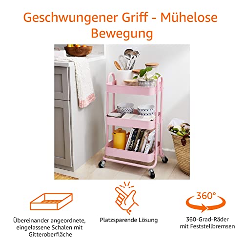 Foto von Amazon Basics Küchenrollwagen mit 3 Regalebenen und um 360 Grad schwenkbaren Rollen für den Innen- und Außenbereich, Altrosa, Metall