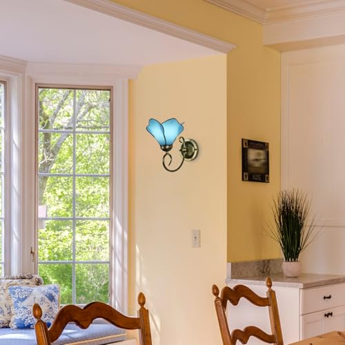 Image of Tiffany Style Wall Sconce, Flower Shaped Wall Light, Stained Glass Wall Lamp for Entrance, Bedroom, Hallway in Blue