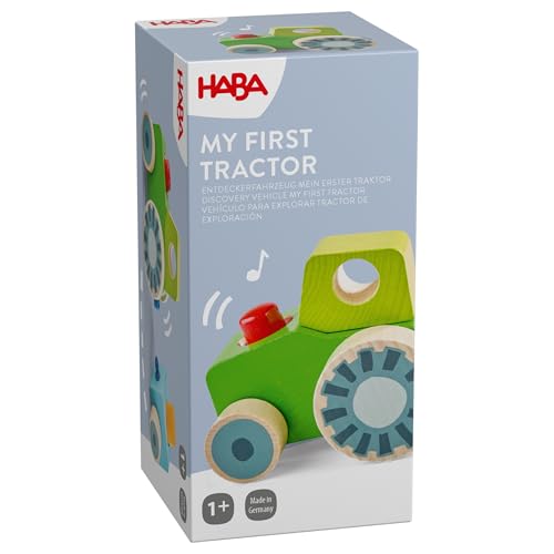 HABA Entdeckerfahrzeug Traktor mit Quietsch-Effekt abnehmbarem Hänger fördert Feinmotorik & Auge-Hand-Koordination ab 12 Monaten Spielzeug Holz 2013391001