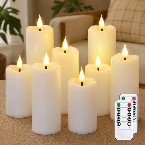 Yeelida Bougies LED blanches vacillantes fonctionnant sur piles,Lot de 8 bougies piliers sans flamme en plastique avec 2 télécommandes et minuterie (5.3cm x...