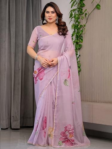 Image of ALMAARI FASHIONWomen's Floral Printed Organza Saree with Unstitched Blouse Piece | Traditional Ethnic Wear Sarees | Soft Lightweight Ethnic Office Wear Daily Wear Indian Sari (ORGANZA 121-130 H)