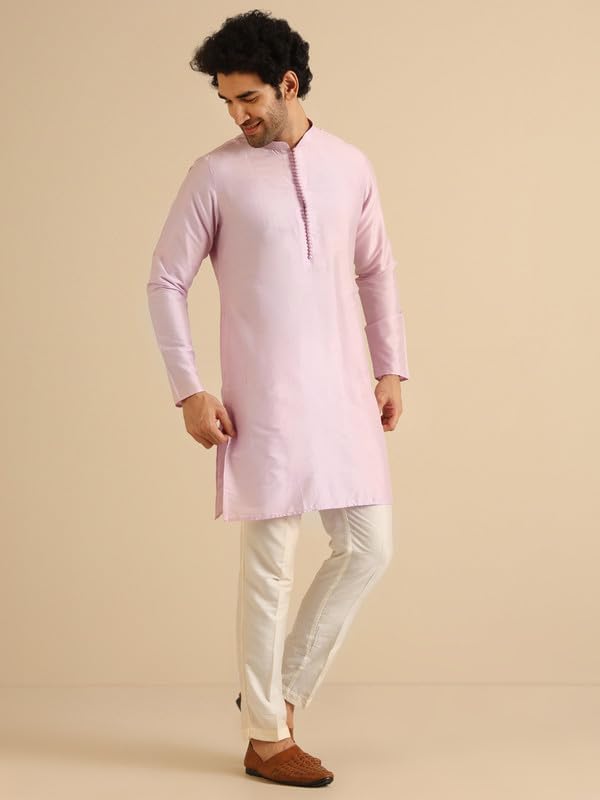 Kisah Men's Kurta, Lavender Cotton Blend, Solid Regular Fit Mandarin Collar Long Sleeves (44)